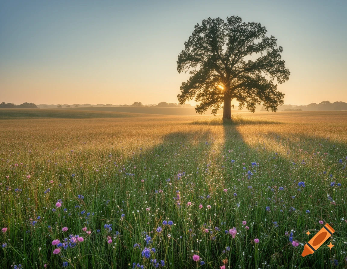 A photorealistic landscape featuring a large silhouetted tree at sunrise over a field of tall grass and wildflowers.