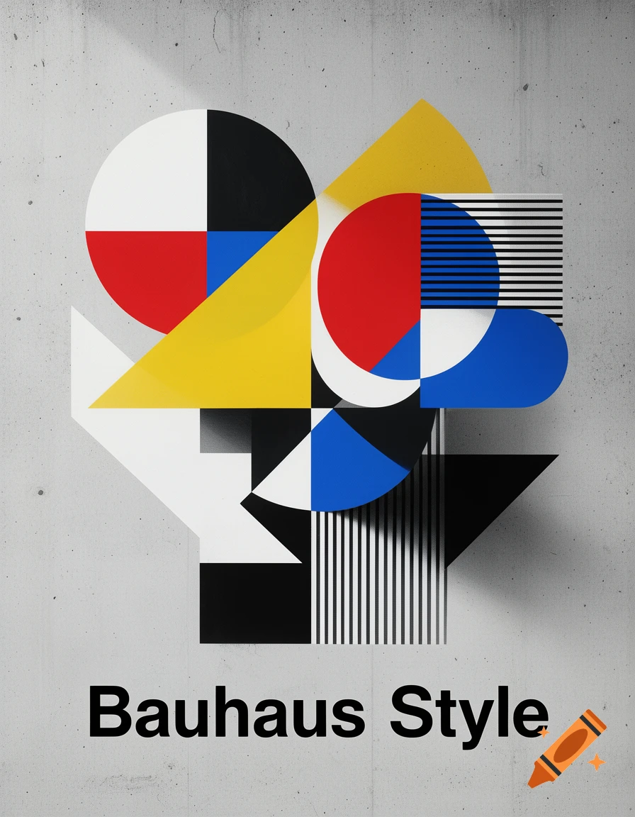Bauhaus style graphic design with geometric shapes in primary colors on a concrete background and 'Bauhaus Style' text.