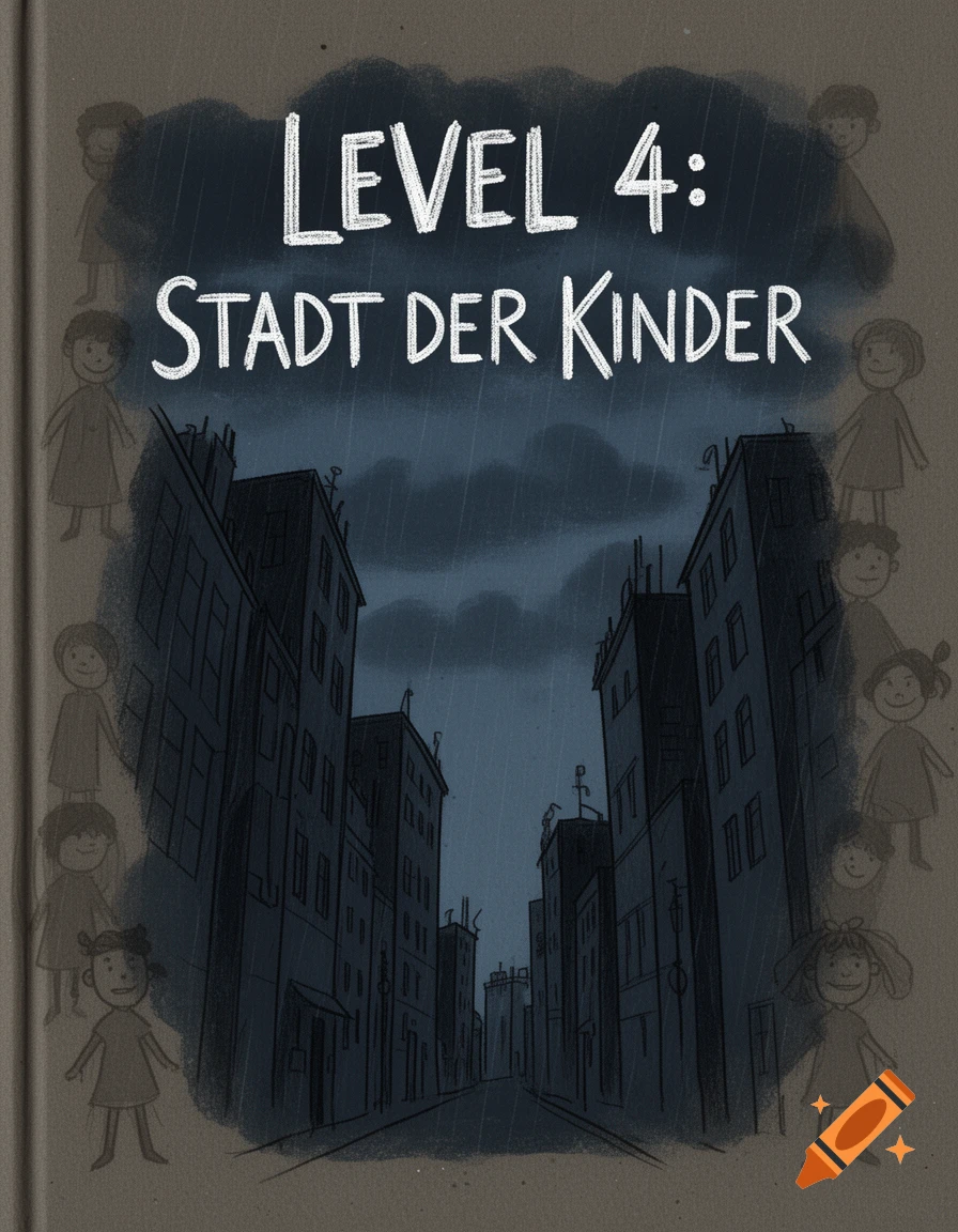 A dark book cover illustration titled 'LEVEL 4: STADT DER KINDER', depicting a rainy city street and smiling child figures in a simple art style.
