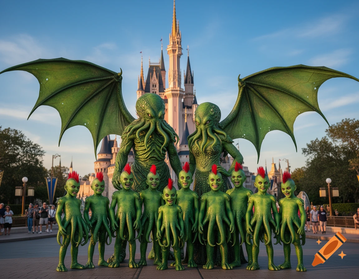A photorealistic image of the Cthulhu family, with green skin and red mohawks on the kids, in front of Cinderella's Castle.