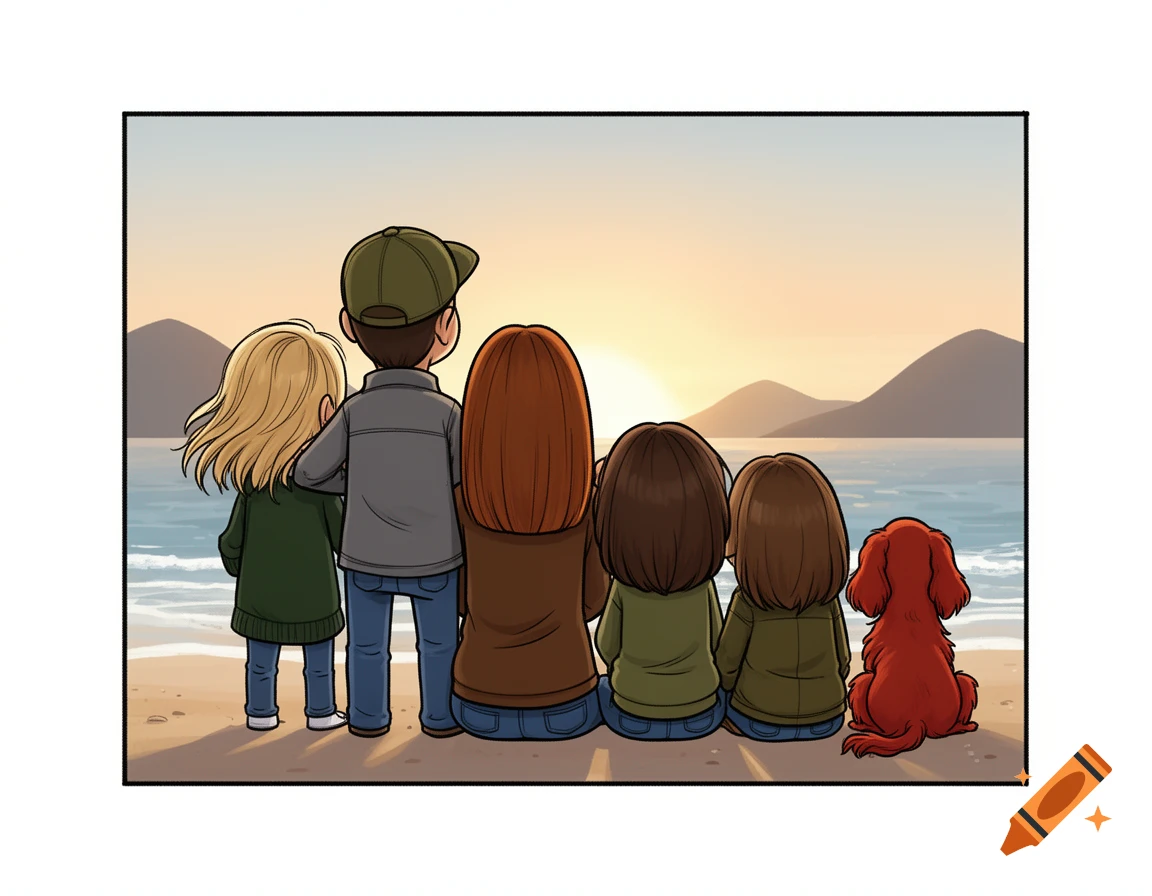 Cartoon drawing of a family and a dog on a beach, seen from behind, watching the sunset over the ocean and distant mountains.