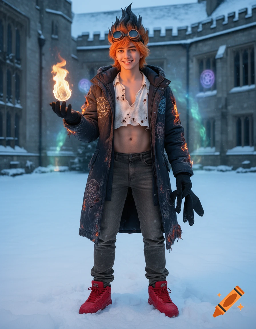 A smiling male pyromancer with orange spiky hair, goggles, and an open winter coat exposing his midriff, holding a flame in a snowy courtyard.
