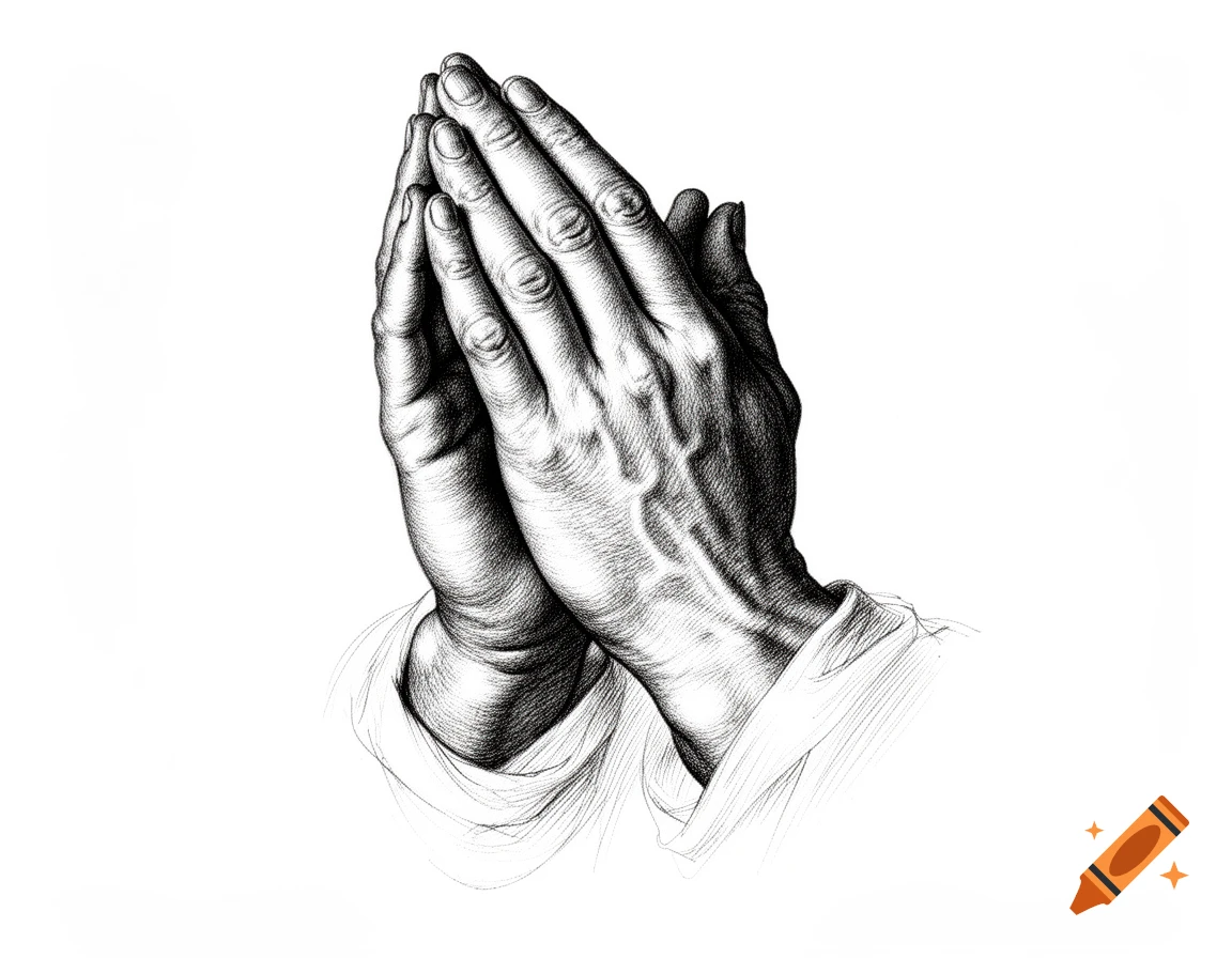 Black and white pen and ink drawing of two hands clasped together in prayer.