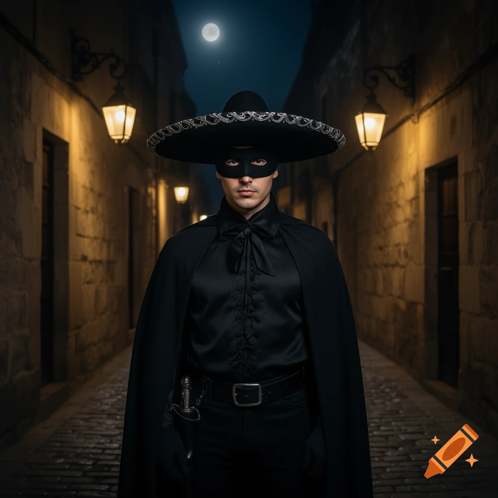 A masked man in a Zorro-like costume, including a wide-brimmed sombrero and cape, stands in a dark cobblestone alley lit by gas lamps under a full moon.