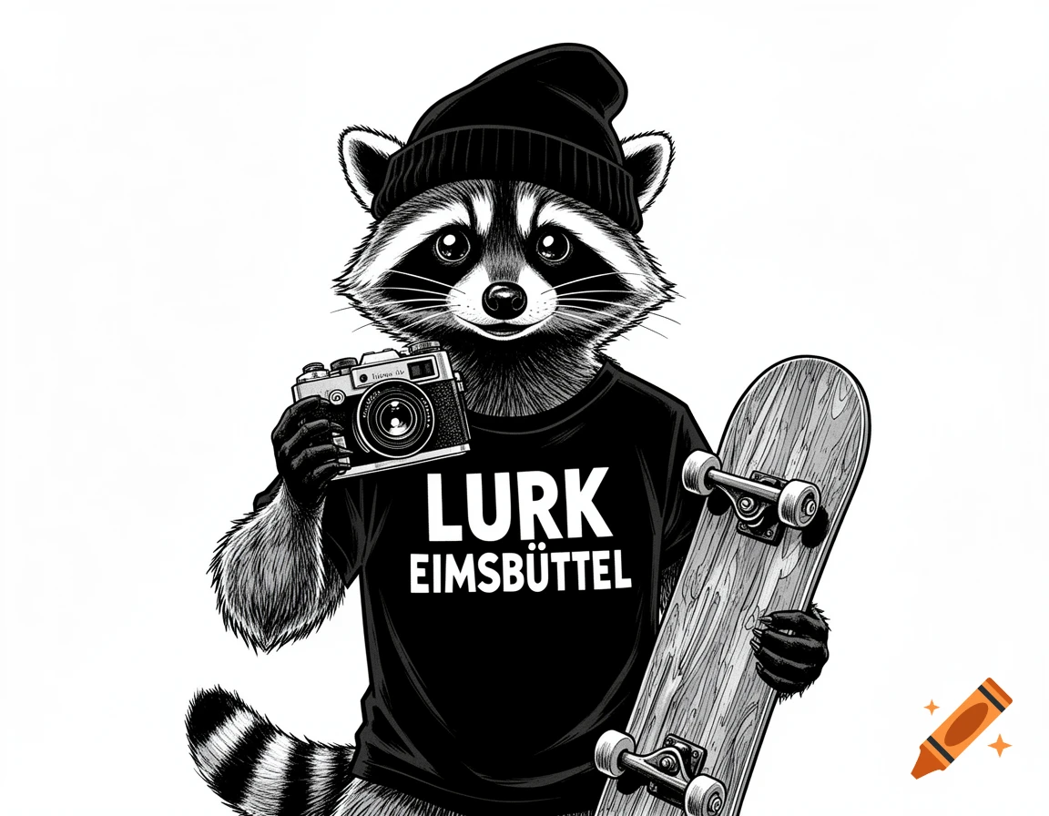 Black and white comic illustration of a raccoon wearing a beanie and t-shirt, holding a camera and a skateboard.