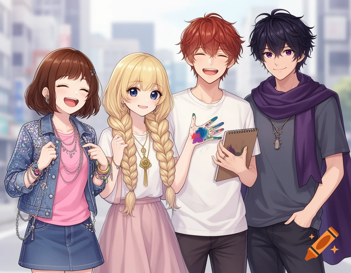 Four anime-style teenagers, two boys and two girls, smiling and posing outdoors. One boy has paint on his hand.