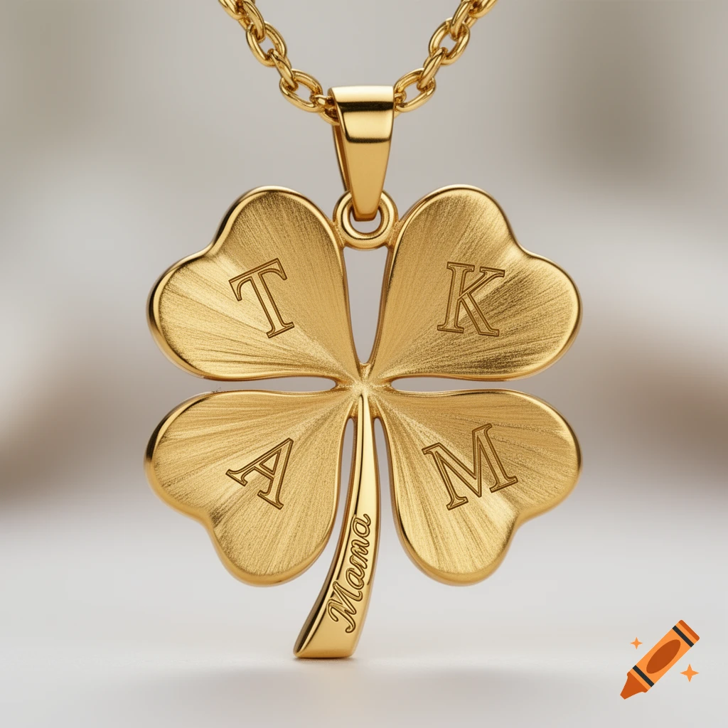 Photorealistic gold four-leaf clover pendant with engraved letters T, K, A, M on leaves and 'Mama' on the stem.