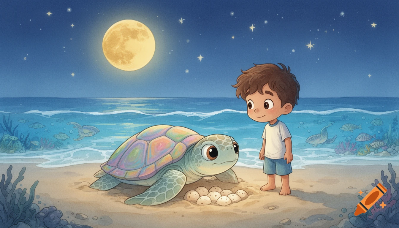 A cute boy watches a sea turtle lay eggs on a moonlit beach in a soft, colorful children's book illustration.