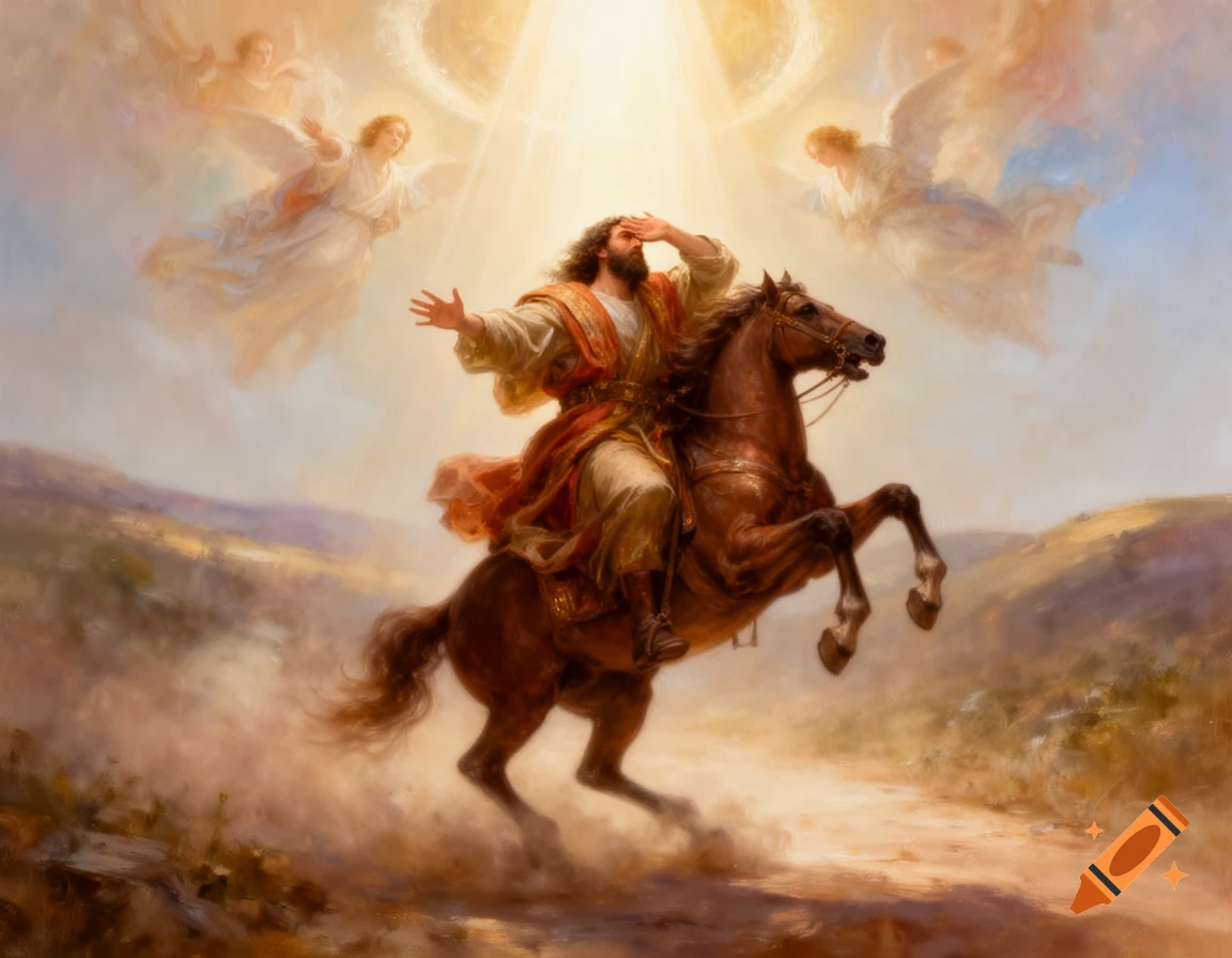 A man on a rearing brown horse looks up at divine light and angels in a dramatic, painterly religious scene.
