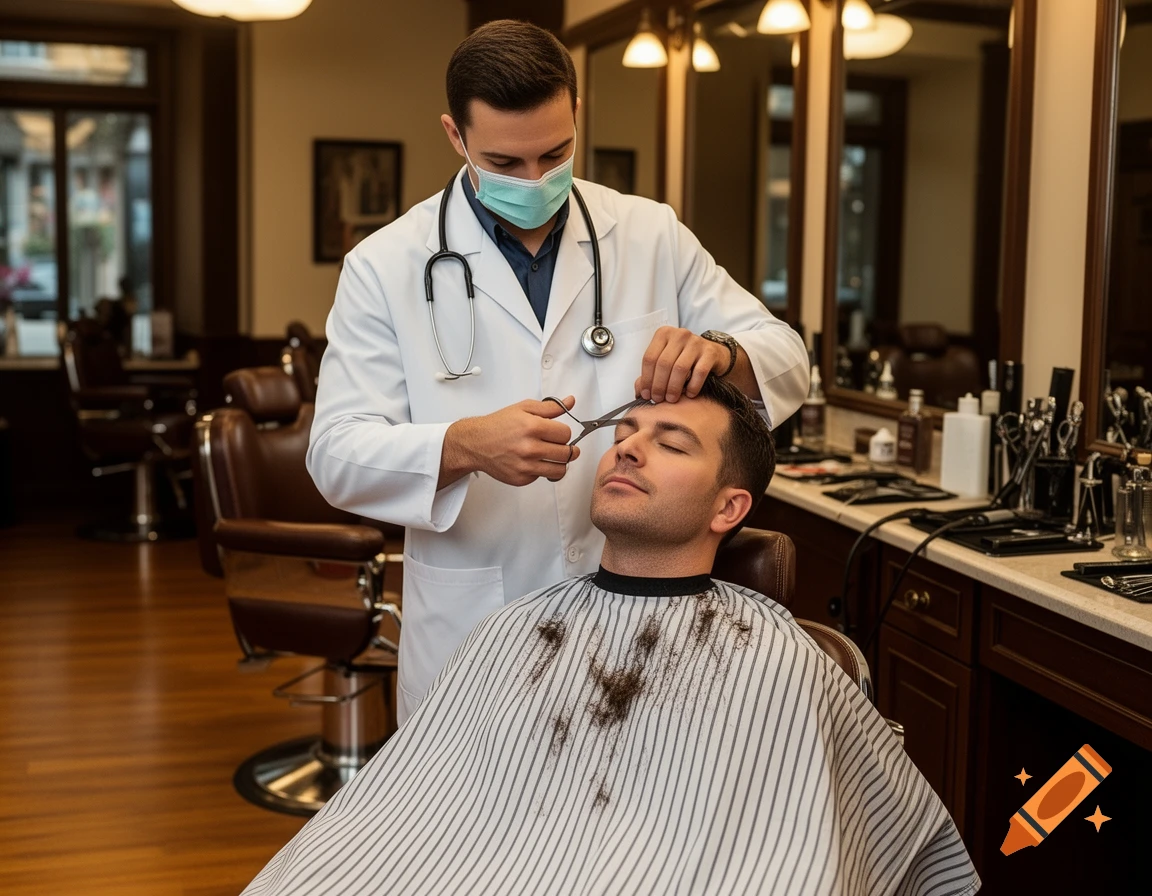 A doctor in a mask and lab coat gives a man a haircut in a barbershop.