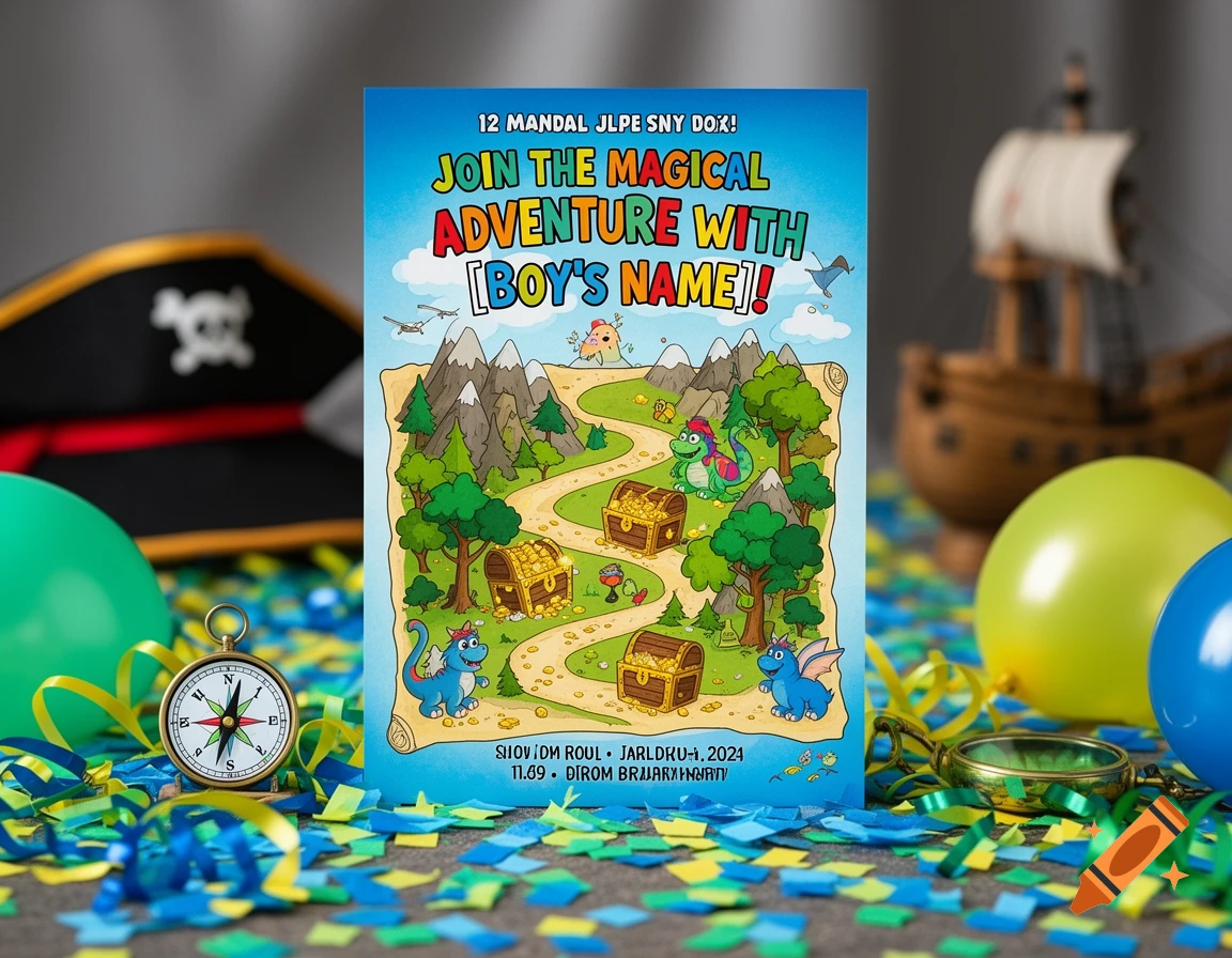 A colorful birthday invitation for a boy featuring a map with dragons, treasure chests, and mountains, surrounded by party decorations like a pirate hat, balloons, and confetti.