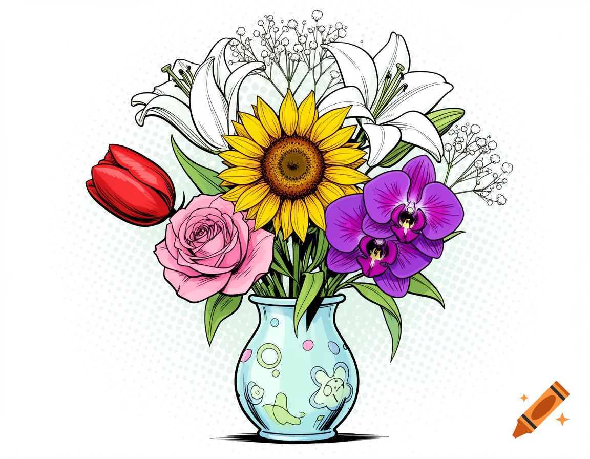 Comic-style bouquet of a red tulip, pink rose, yellow sunflower, white lilies, and purple orchids in a light blue vase with simple decorations.