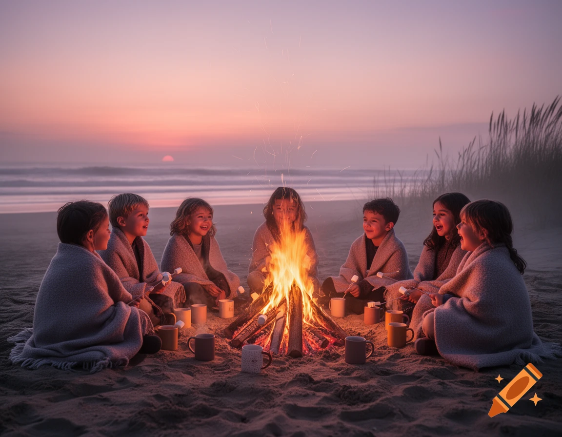 Children wrapped in blankets sit around a bonfire on a sandy beach at sunrise, with the ocean in the background.