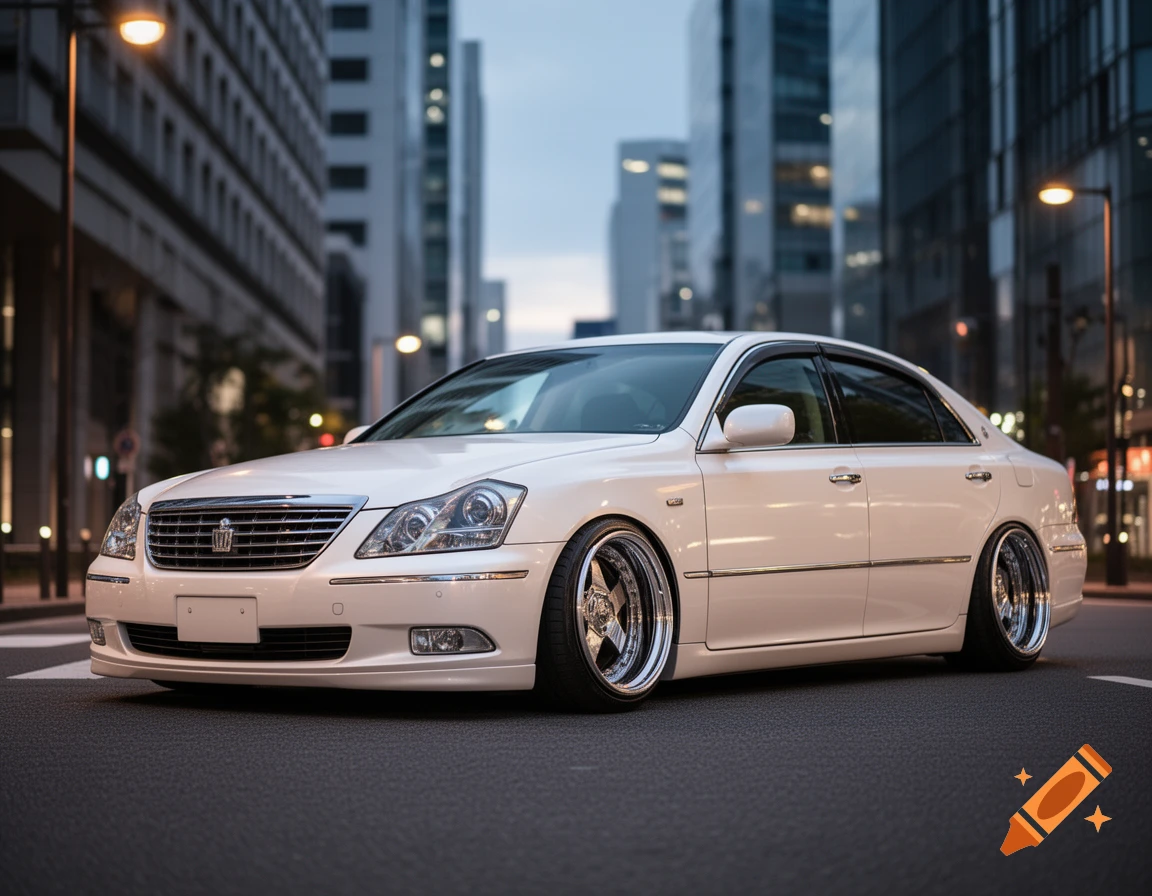 A white Toyota Crown Majesta sedan with lowered suspension and cambered wheels parked on a city street at dusk.
