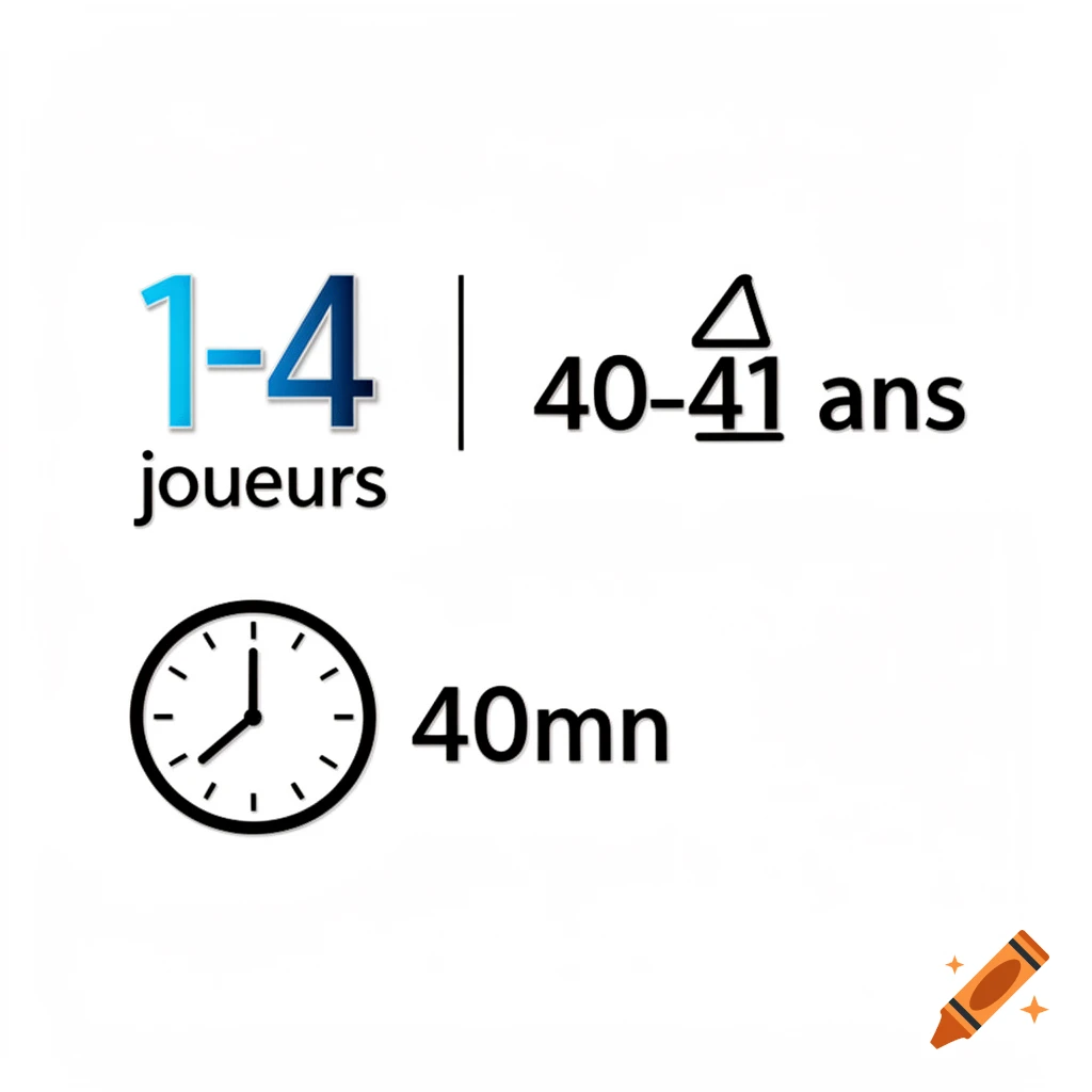 Graphic showing "1-4 joueurs" (players), "40-41 ans" (years) with a triangle symbol, and "40mn" (minutes) next to a clock icon, all on a white background.