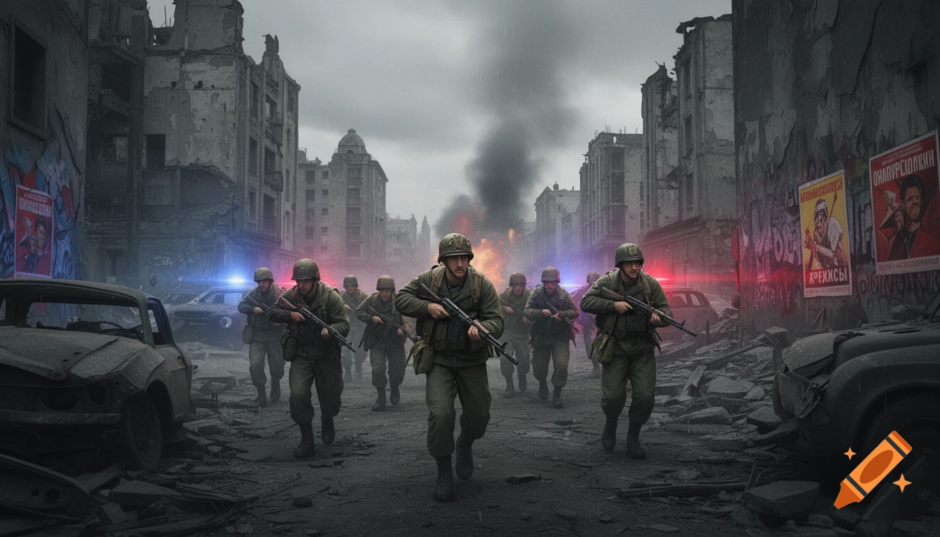 A group of soldiers in military gear runs through a war-torn city street with destroyed cars and buildings under a smoky sky.