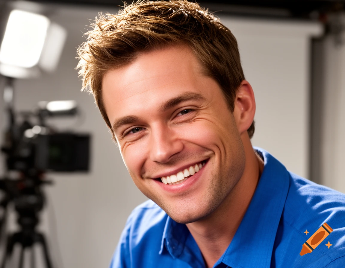 Smiling man in a blue shirt in a studio with a blurred camera and light in the background. Photorealistic style.