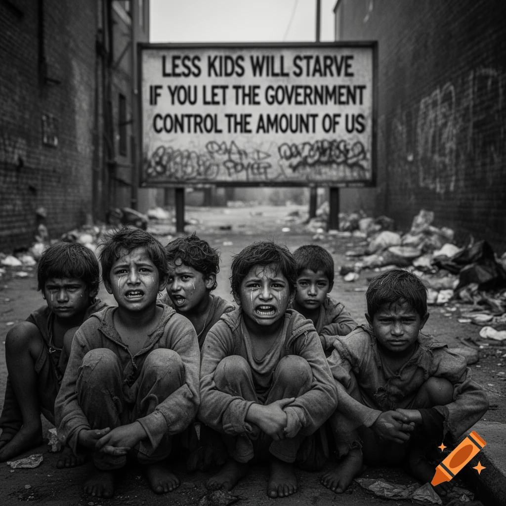 Five crying, barefoot children squat in a trash-strewn alley. A sign reads, 'LESS KIDS WILL STARVE IF YOU LET THE GOVERNMENT CONTROL THE AMOUNT OF US.' Black and white, photorealistic.