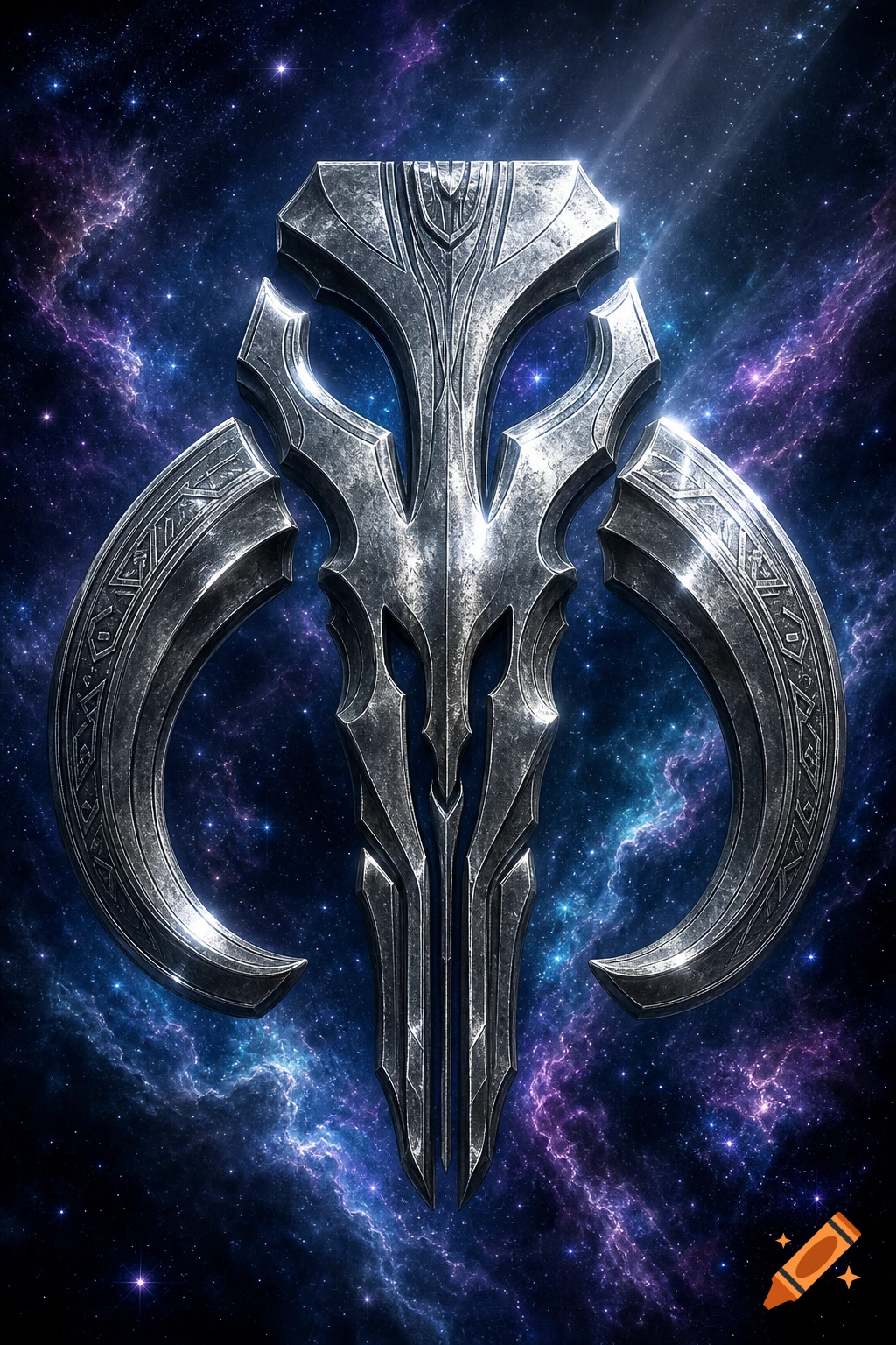 A detailed silver metallic emblem, resembling a stylized skull or helmet, against a vibrant galaxy background with swirling blues and purples.