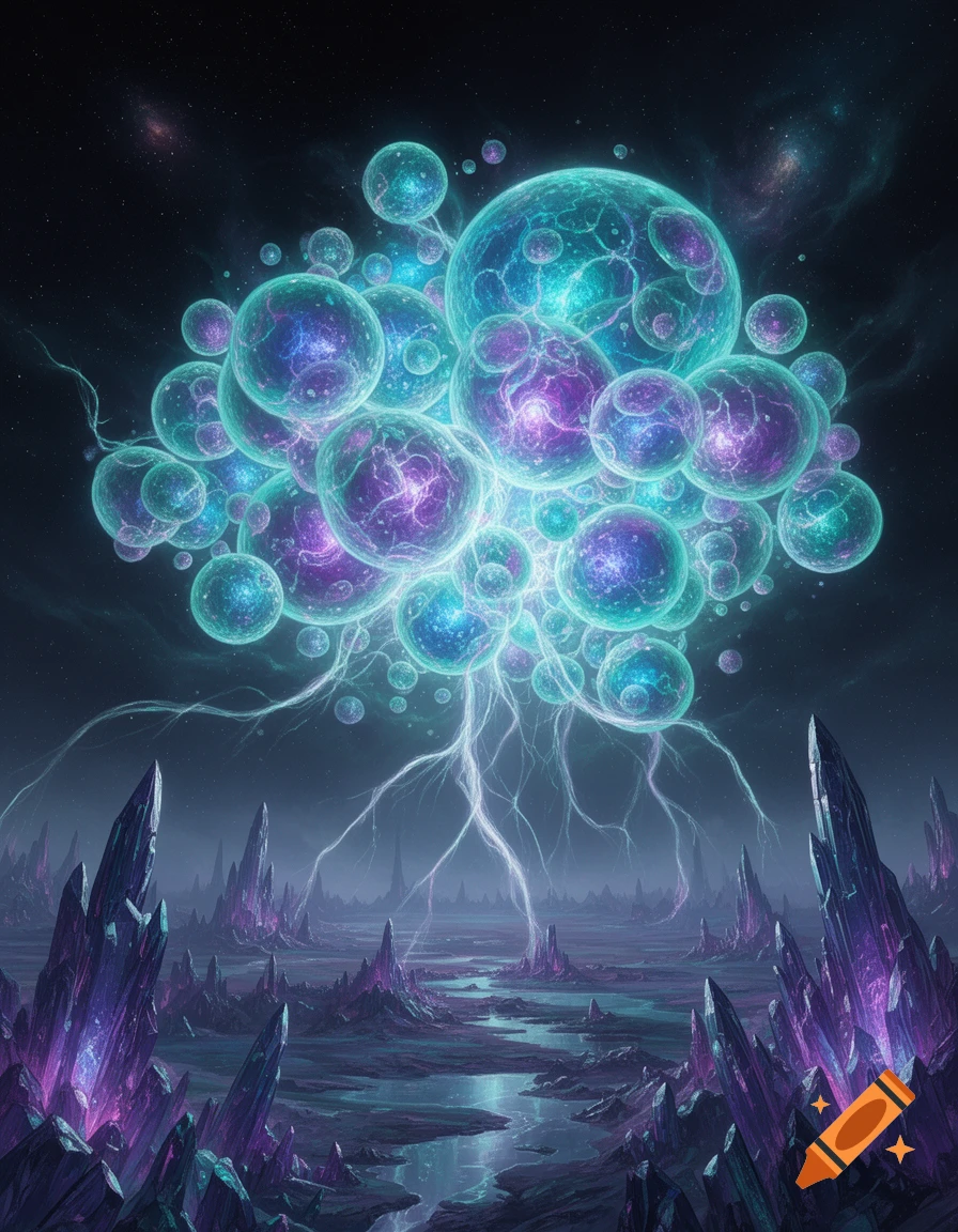 Glowing blue and purple orbs float above an alien landscape of jagged crystals and reflective water under a starry sky.
