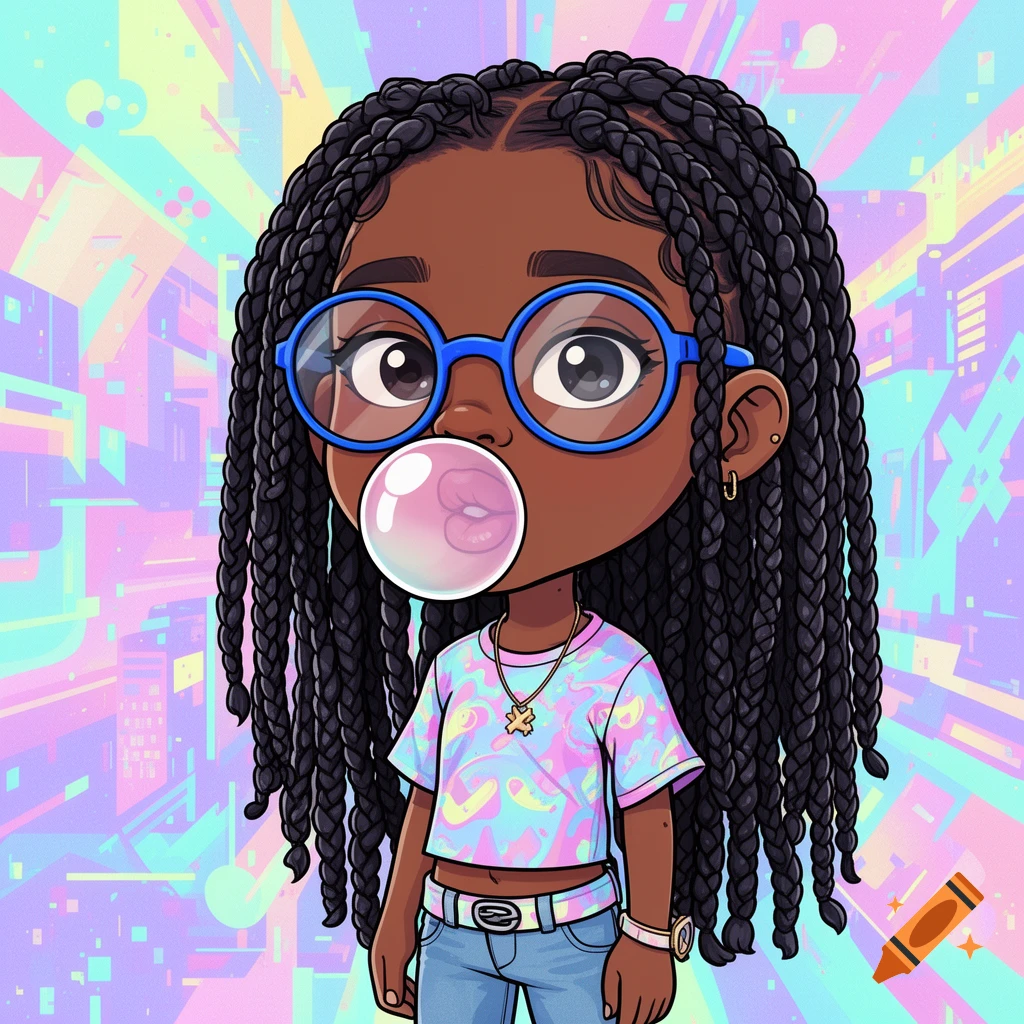 Cartoon black girl with braids and blue glasses blowing a pink bubblegum bubble, set against a vibrant y2k background.