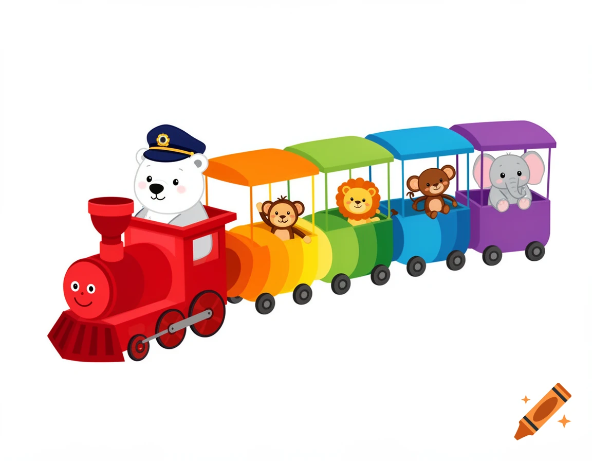 A cute polar bear captain drives a red locomotive, followed by rainbow train cars carrying a monkey, lion, and elephant in a simple vector art style.