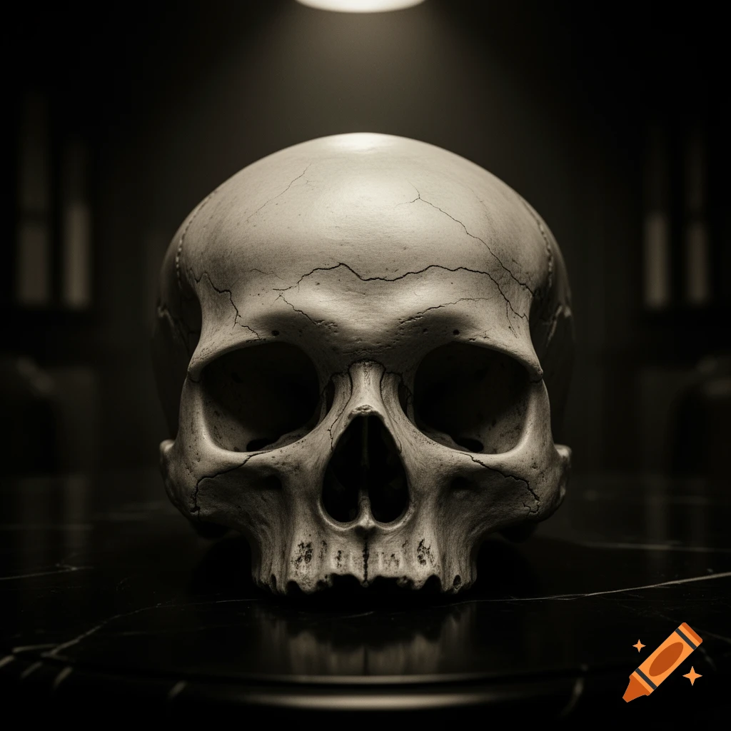 A realistic human skull with cracks, centered on a dark, reflective surface, lit dramatically from above.