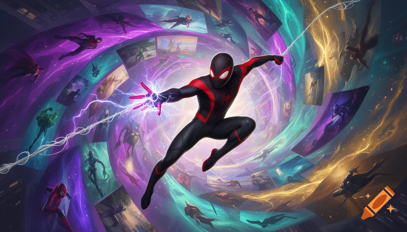 Miles Morales as Spider-Man leaps forward, radiating electricity, surrounded by various Spider-Verse characters and colorful cosmic energy.