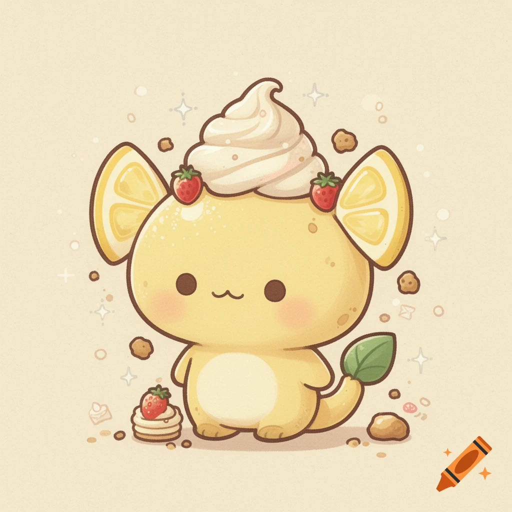 A cute chibi lemon creature with whipped cream, strawberries, and lemon slice ears, in a vintage illustration style.