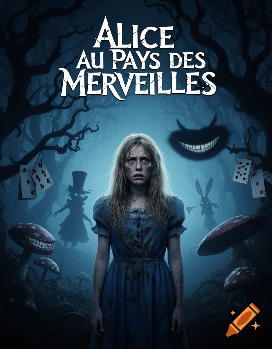 Dark, photorealistic horror movie poster featuring a distressed Alice in a blue dress, surrounded by creepy Wonderland silhouettes in a spooky forest, with the title "Alice au Pays des Merveilles" at the top.