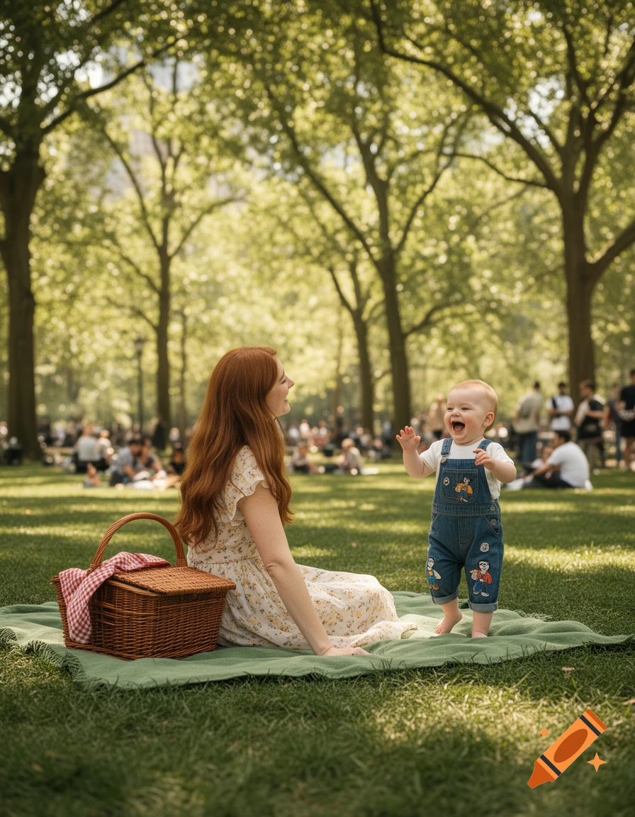A red-haired woman and a laughing baby on a picnic blanket in a sunny park with trees and people in the background.