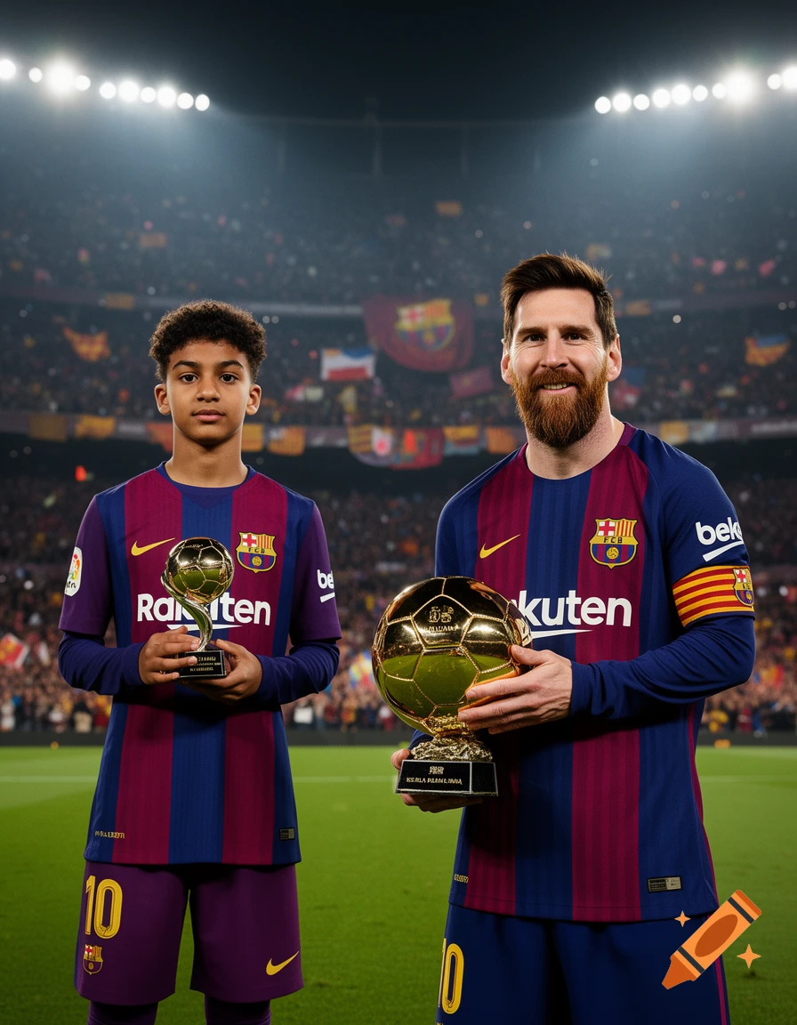 Lionel Messi and Lamine Yamal, in FC Barcelona jerseys, stand on a stadium pitch holding golden football trophies.