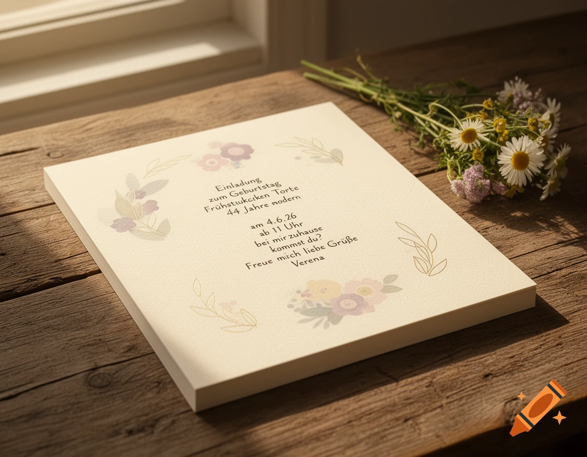 An invitation card for a 44th birthday brunch, decorated with delicate floral motifs, lying on a rustic wooden table next to a small bouquet of wildflowers.