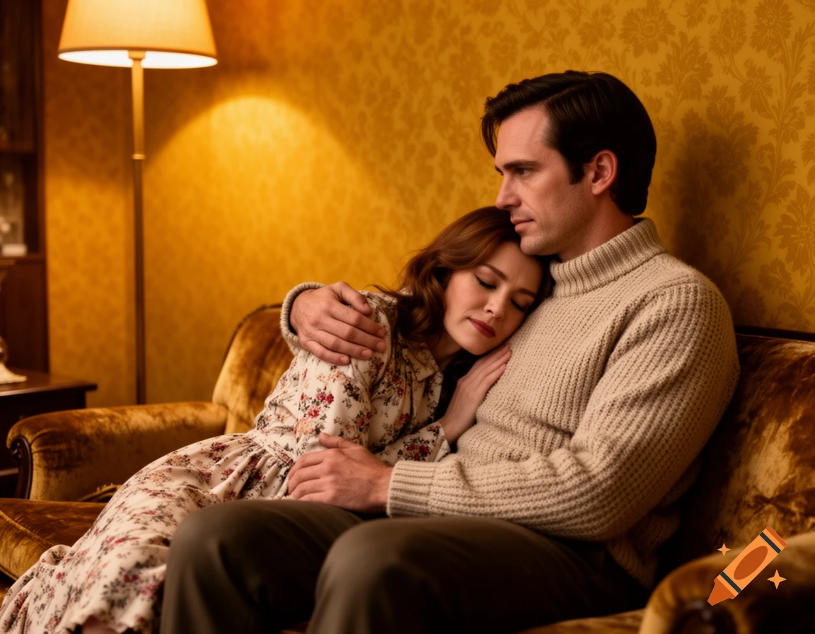 A man and woman cuddle on a patterned couch in a dimly lit room, illuminated by a lamp.