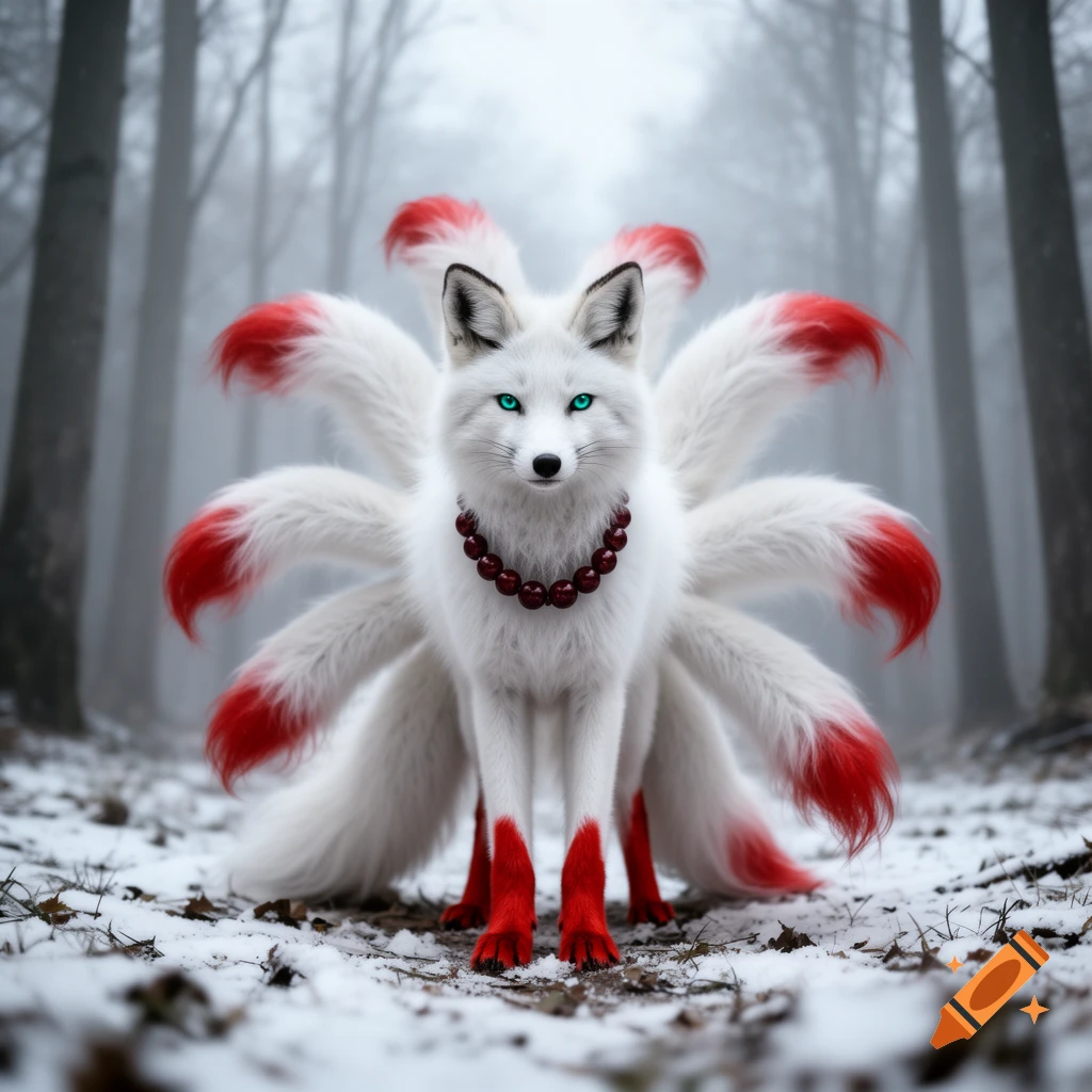 A majestic white nine-tailed fox with red-tipped tails, paws, and ears, wearing a red beaded necklace, stands in a snowy forest.