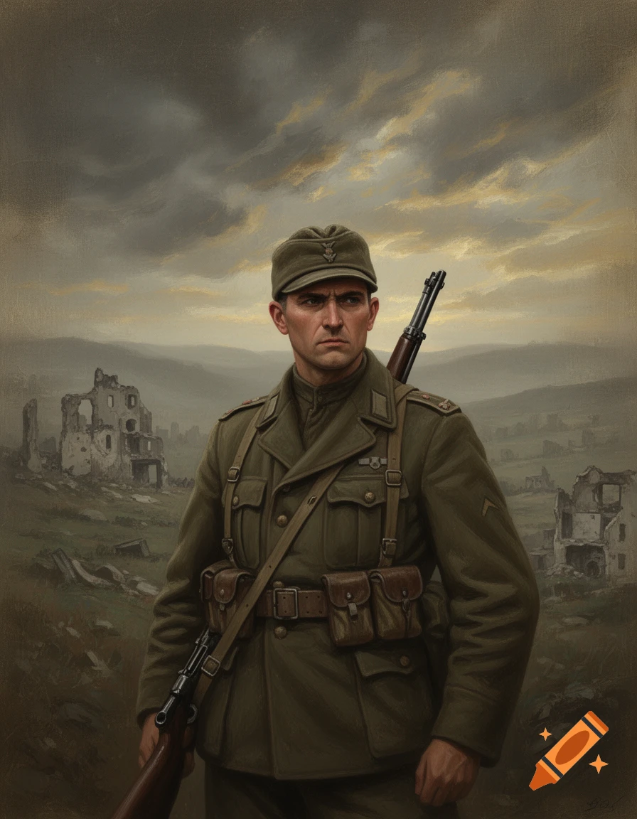 Painting of a determined soldier in a WWII uniform, rifle in hand, amidst ruined buildings under a cloudy sky.