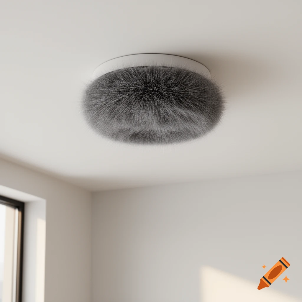 A round, grey fur-covered smoke detector mounted on a white ceiling, in a photorealistic style.