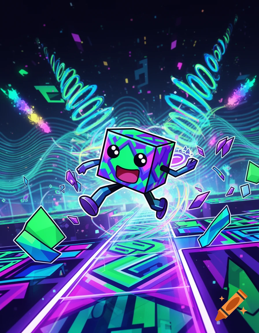 A happy, cartoonish, geometric block character with a green face runs on a neon, abstract path with glowing patterns, in a vibrant video game style.