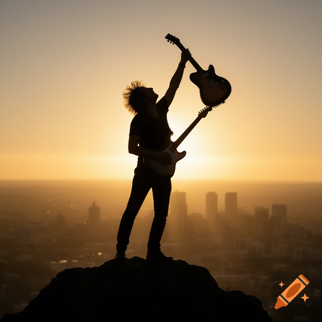 A guitarist in silhouette on a hilltop, holding guitars against a vibrant sunset over a city skyline.