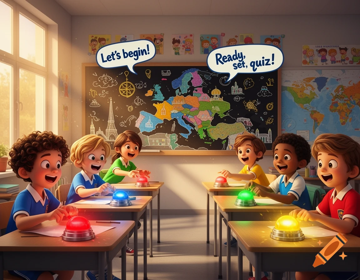 Six cartoon children in a classroom eagerly participate in a Europe quiz with buzzers, in front of a chalkboard map.