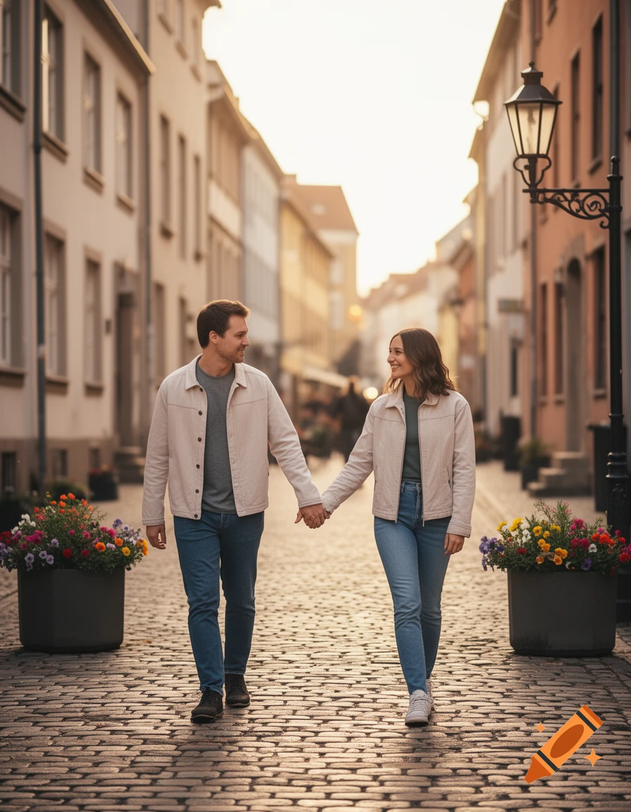A couple walks hand-in-hand down a cobblestone street lined with buildings and flower pots, looking at each other at sunset.