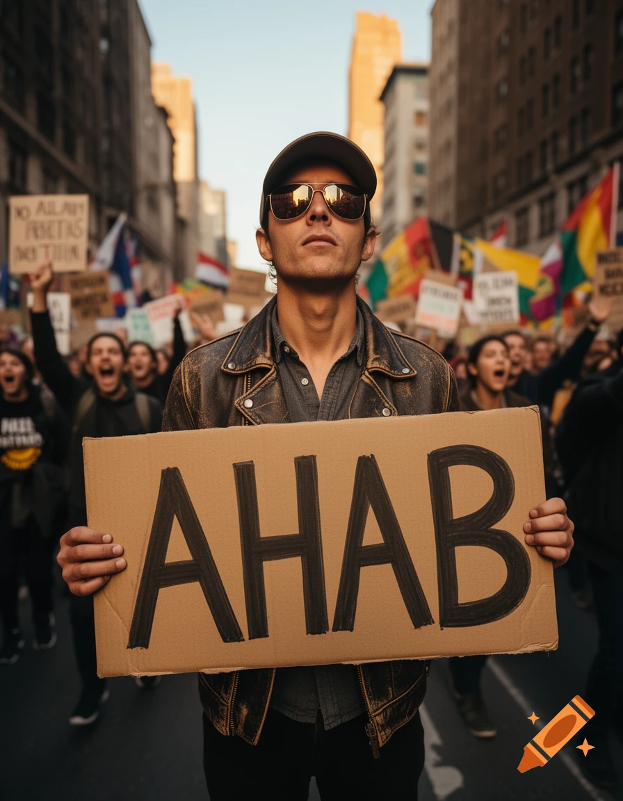 A man in a leather jacket and sunglasses holds an 'AHAB' sign at a photorealistic protest on a city street.