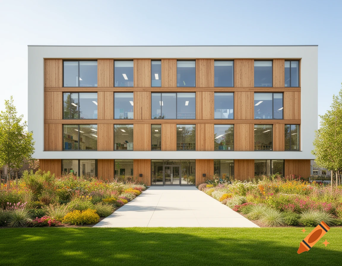 A modern four-story school building with a white and wood facade, surrounded by vibrant gardens and a pathway to its entrance.