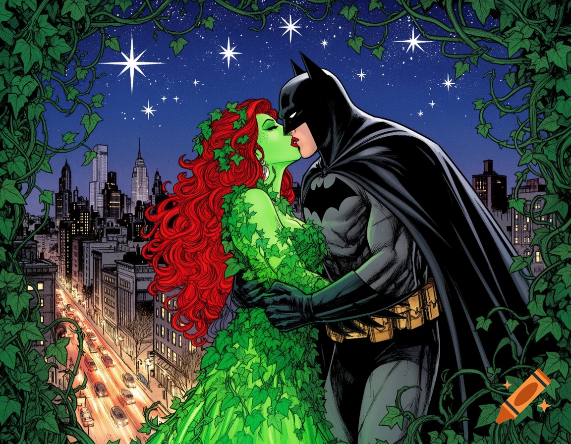 Comic book illustration of Poison Ivy and Batman kissing under a starry night sky, overlooking a city.
