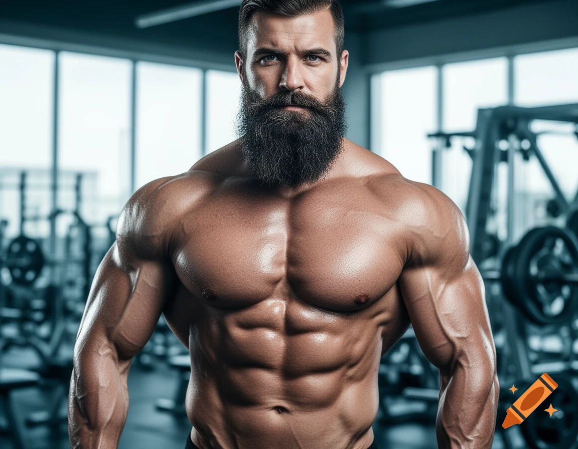 Hyperrealistic portrait of a muscular, bearded male bodybuilder flexing in a gym.