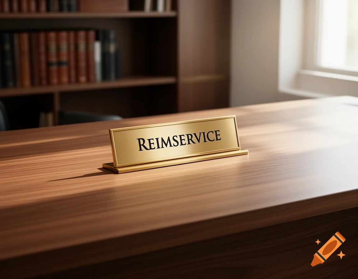 A golden nameplate with 'REIMSERVICE' sits on a polished wooden desk in an office with a bookshelf in the background.
