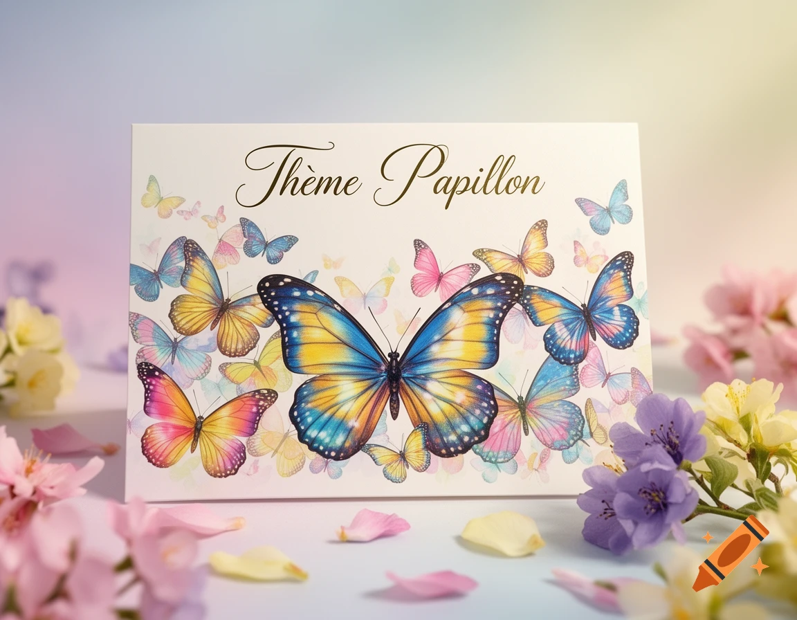 A white card with 'Thème Papillon' and colorful butterflies, surrounded by pink, purple, and yellow flowers and petals.