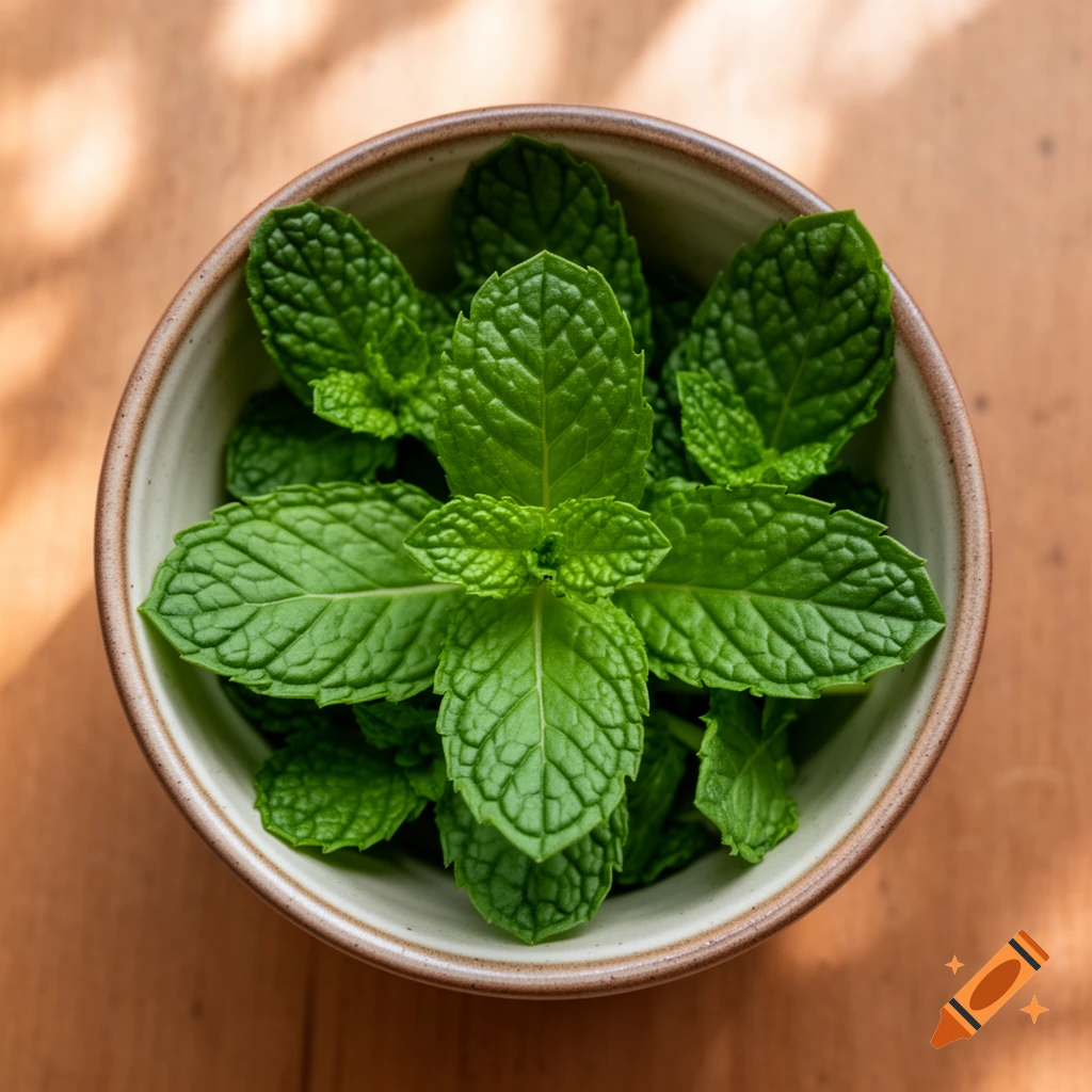 Fresh green mint leaves in a ceramic bowl on a wooden table, shot from above.