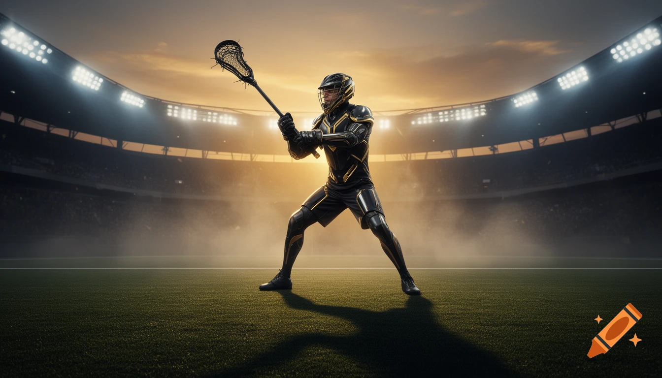 A futuristic lacrosse player in black and gold gear holds a stick under stadium lights at sunset, in a realistic, dramatic sports photography style.