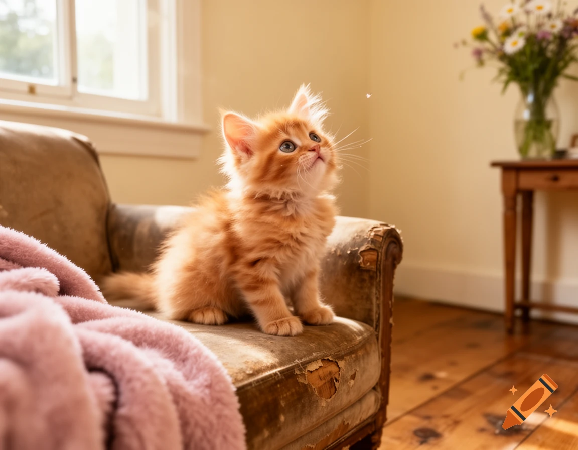 An adorable ginger kitten with blue eyes sits on a worn brown armchair, looking up, with a pink fluffy blanket beside it.